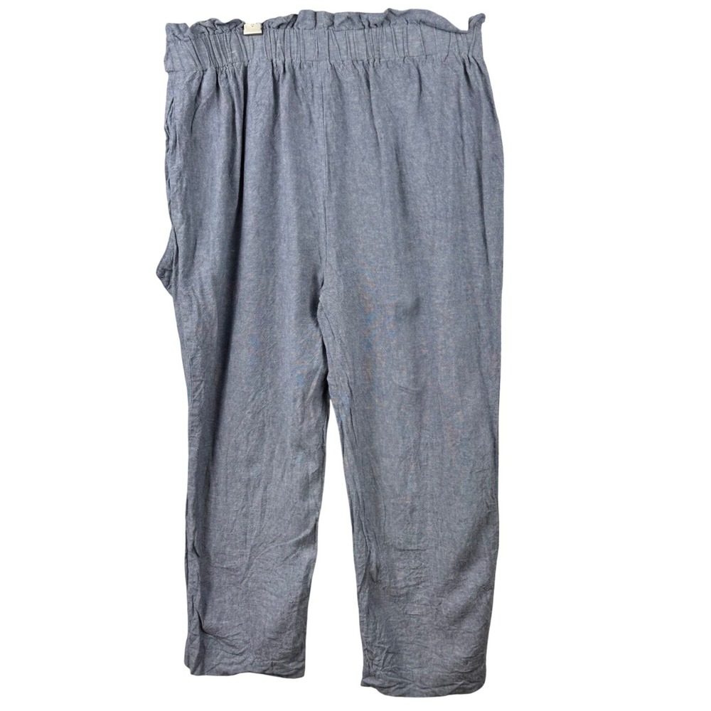 Anne Klein Paperbag Waist Pants Womens Large Blue Linen Blend Belted Casual Chic - Picture 3 of 13
